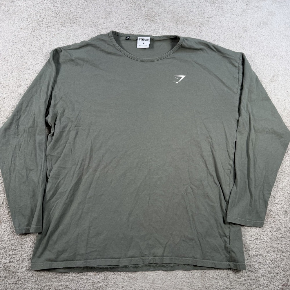 Gymshark T-Shirt Mens Medium Green Long Sleeve Gym Activewear Cotton Casual